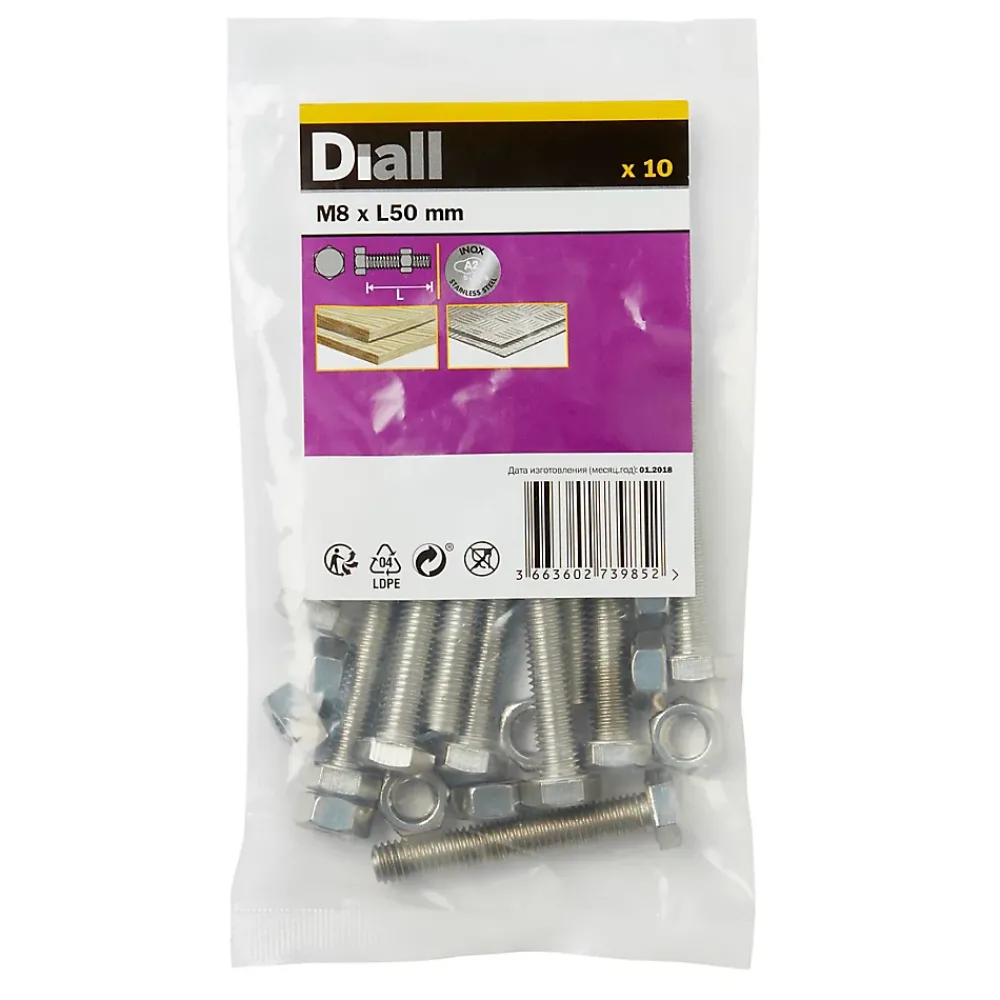 Diall Boulon-10 boulons tête héxagonale inox 8 x 50 mm
