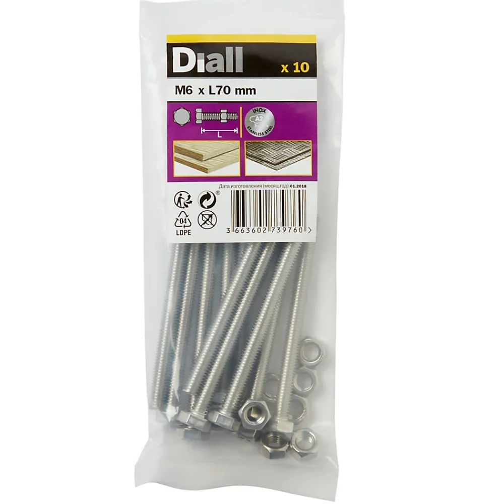 Diall 10 boulons tête héxagonale inox 6 x 70 mm