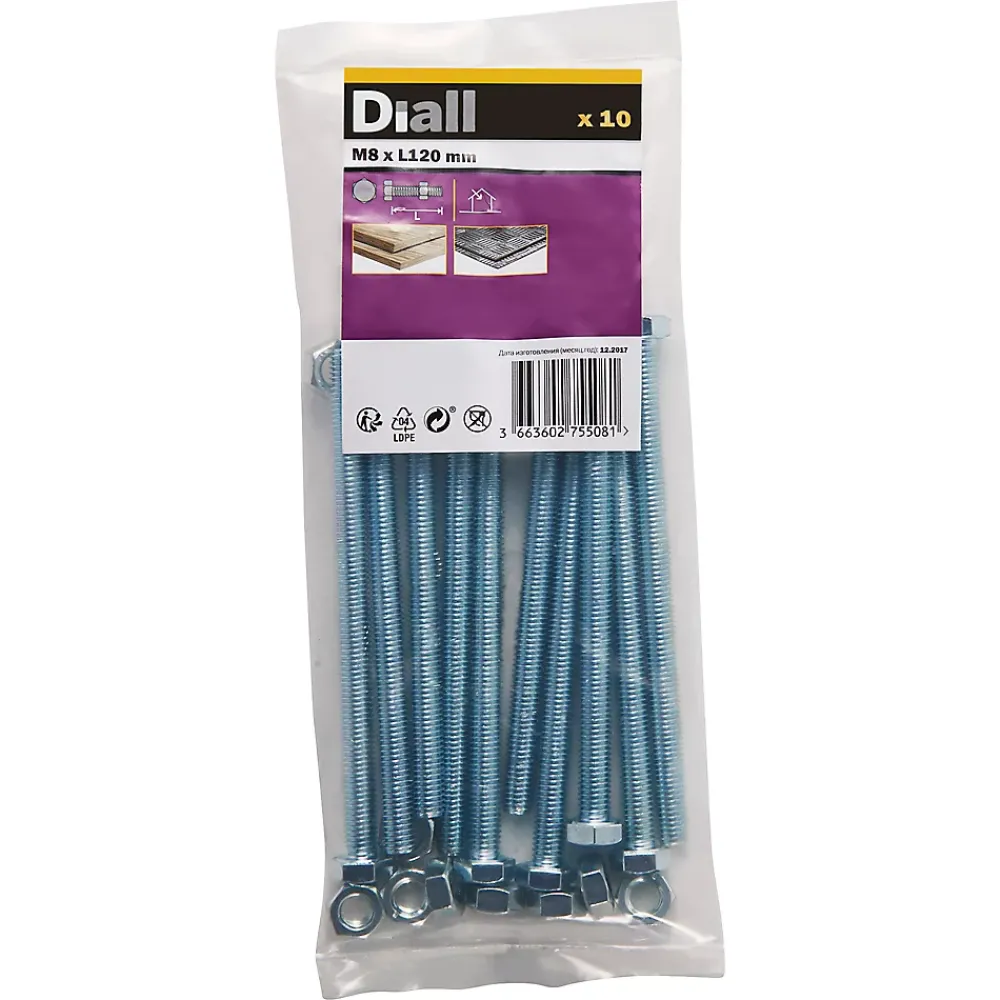 Diall 10 boulons tête héxagonale zingué 8 x 120 mm
