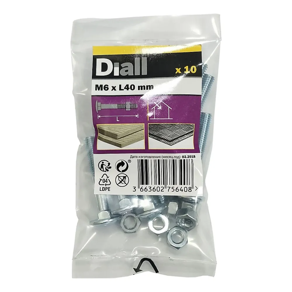 Diall 10 boulons tête ronde collet carré 6 x 40 mm