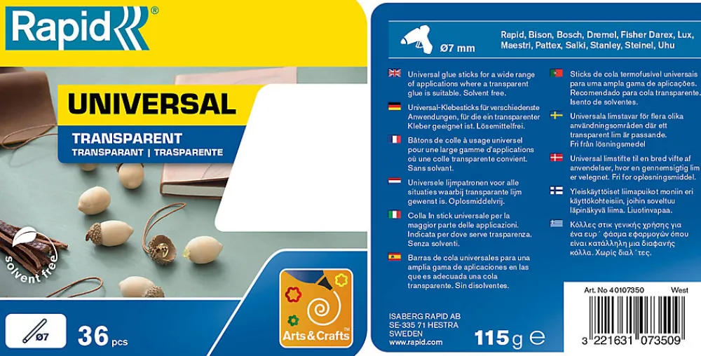 Rapid Pistolet À Colle-14 Bâtons de colle transparente universelle 12 mm 125 G