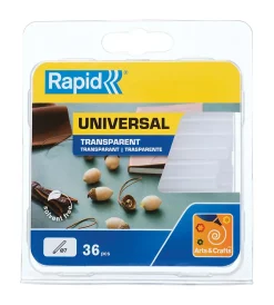 Rapid Bâtons de colle transparente universelle 7 mm. Paquet de 36 bâtons courts.