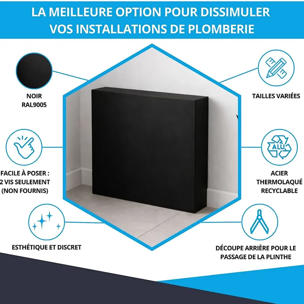Atole Cache nourrice plomberie en acier Noir - Largeur fixe - Taille 5 : 650 x 650 x 150 mm