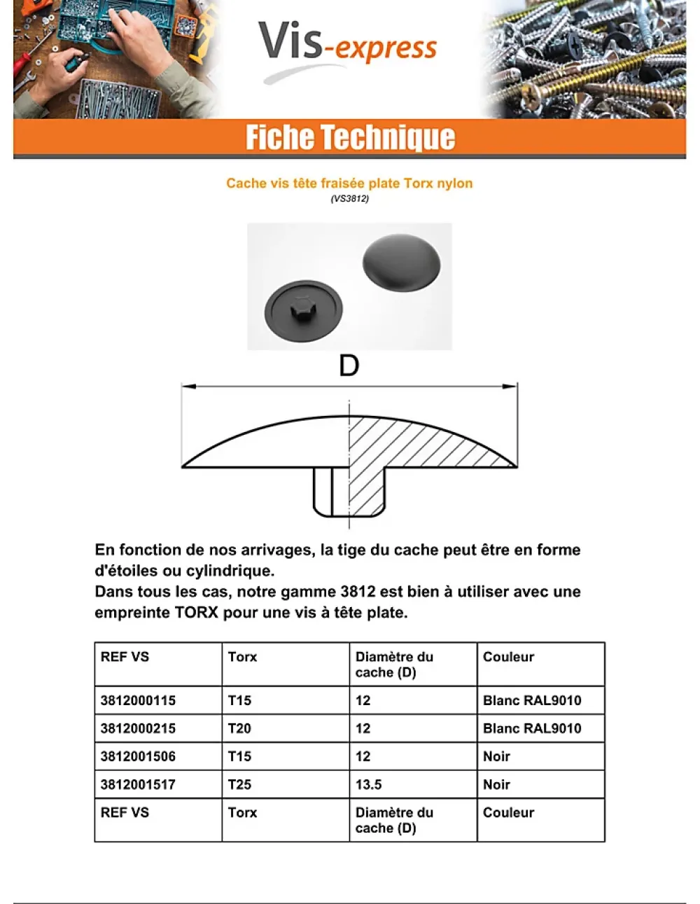 Vis Express Cache vis Tête fraisée TORX TORX T15 Diamètre de tête: 12 Nylon RAL9010 blanc pur - 1 pièce
