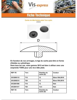 Vis Express Cache Vis Et Cache Trou-Cache vis Tête fraisée TORX TORX T15 Diamètre de tête: 12 nylon noir - 100 pièces