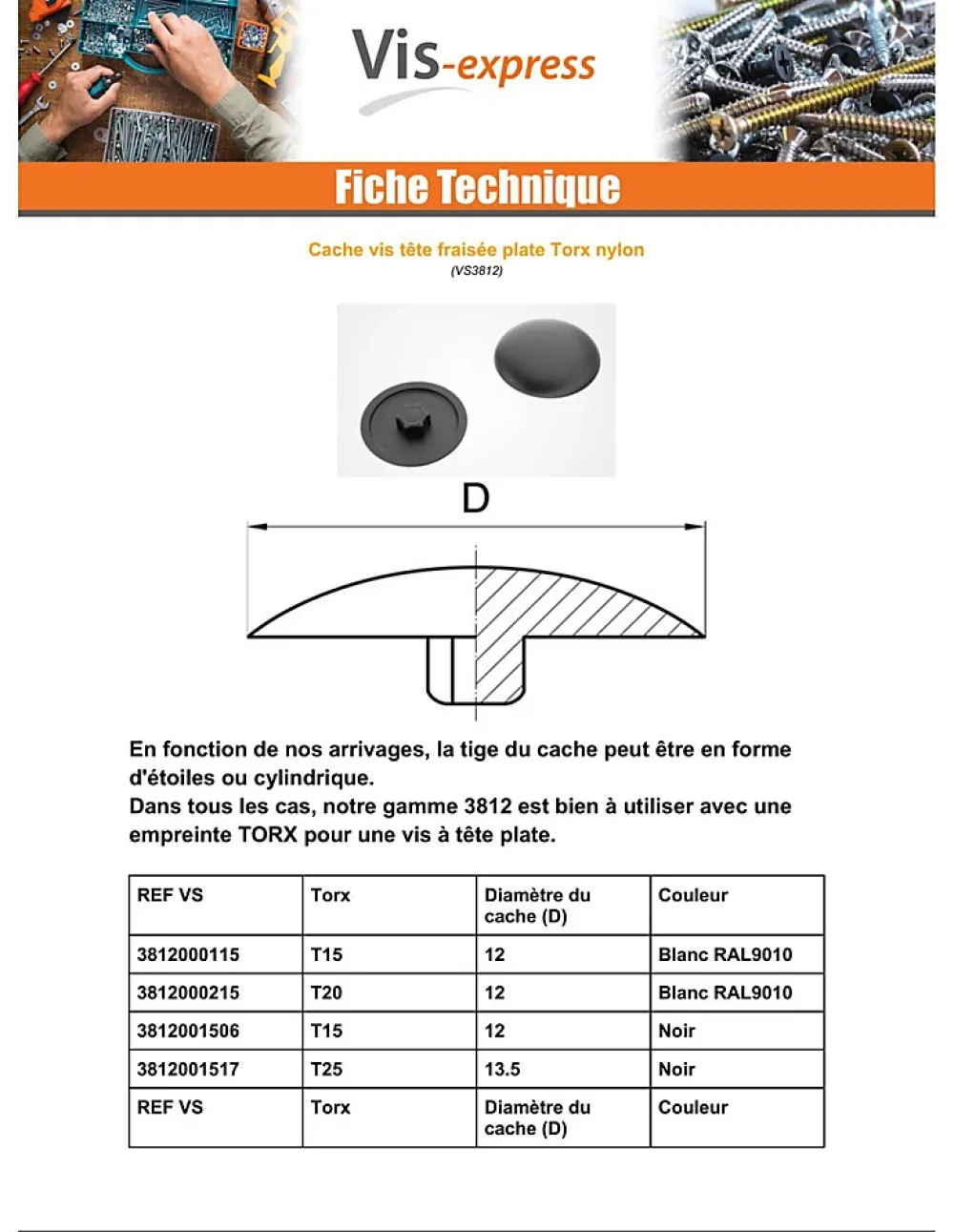 Vis Express Cache Vis Et Cache Trou-Cache vis Tête fraisée TORX TORX T15 Diamètre de tête: 12 nylon noir - 100 pièces