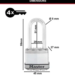 Master Lock Cadenas, Antivol-Cadenas à clé Excell M1EURDLH acier laminé l.45 mm hauteur de l'anse 51 mm