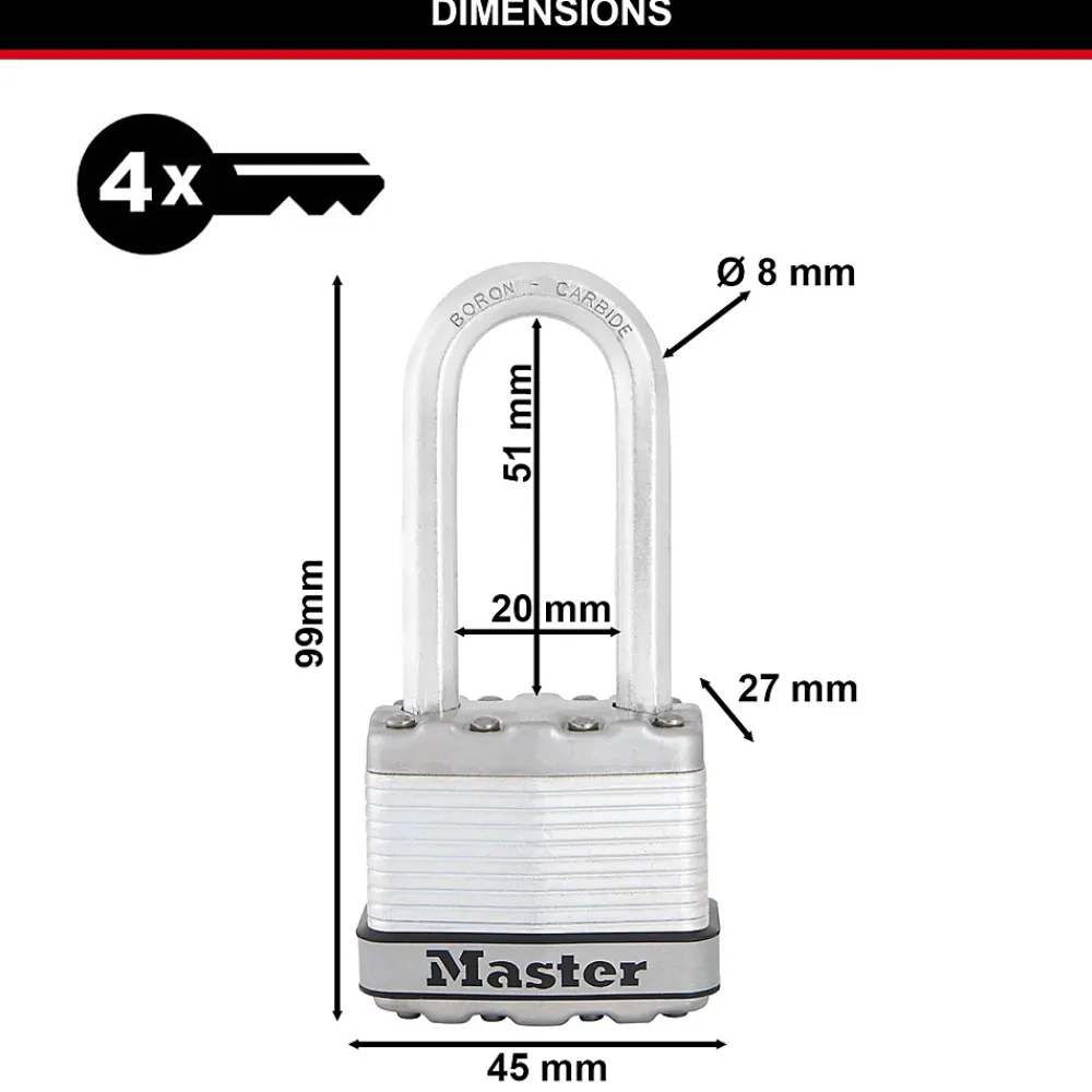 Master Lock Cadenas, Antivol-Cadenas à clé Excell M1EURDLH acier laminé l.45 mm hauteur de l'anse 51 mm