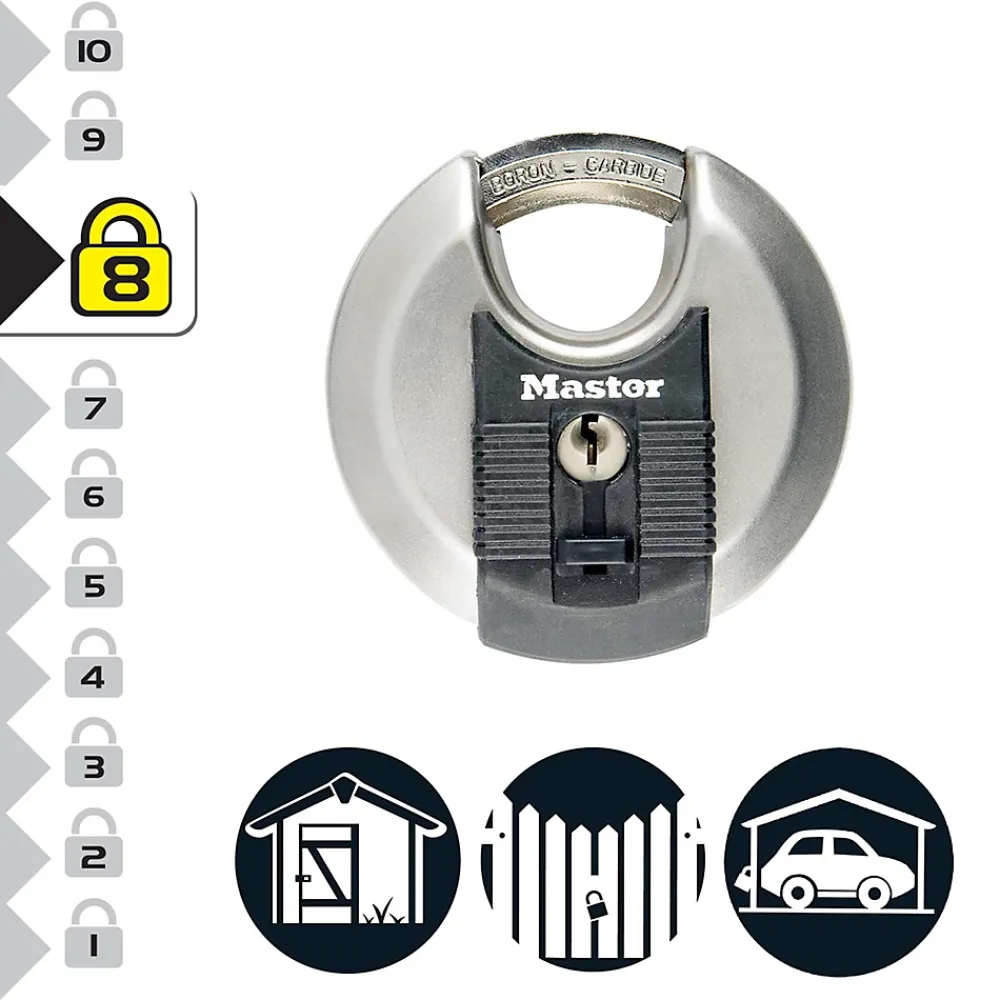 Master Lock Cadenas, Antivol-Cadenas à clé Excell M40EURD disque en acier inoxydable Ø70 mm hauteur de l'anse 16 mm
