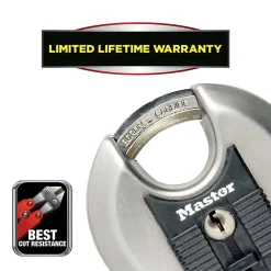 Master Lock Cadenas, Antivol-Cadenas à clé Excell M40EURD disque en acier inoxydable Ø70 mm hauteur de l'anse 16 mm
