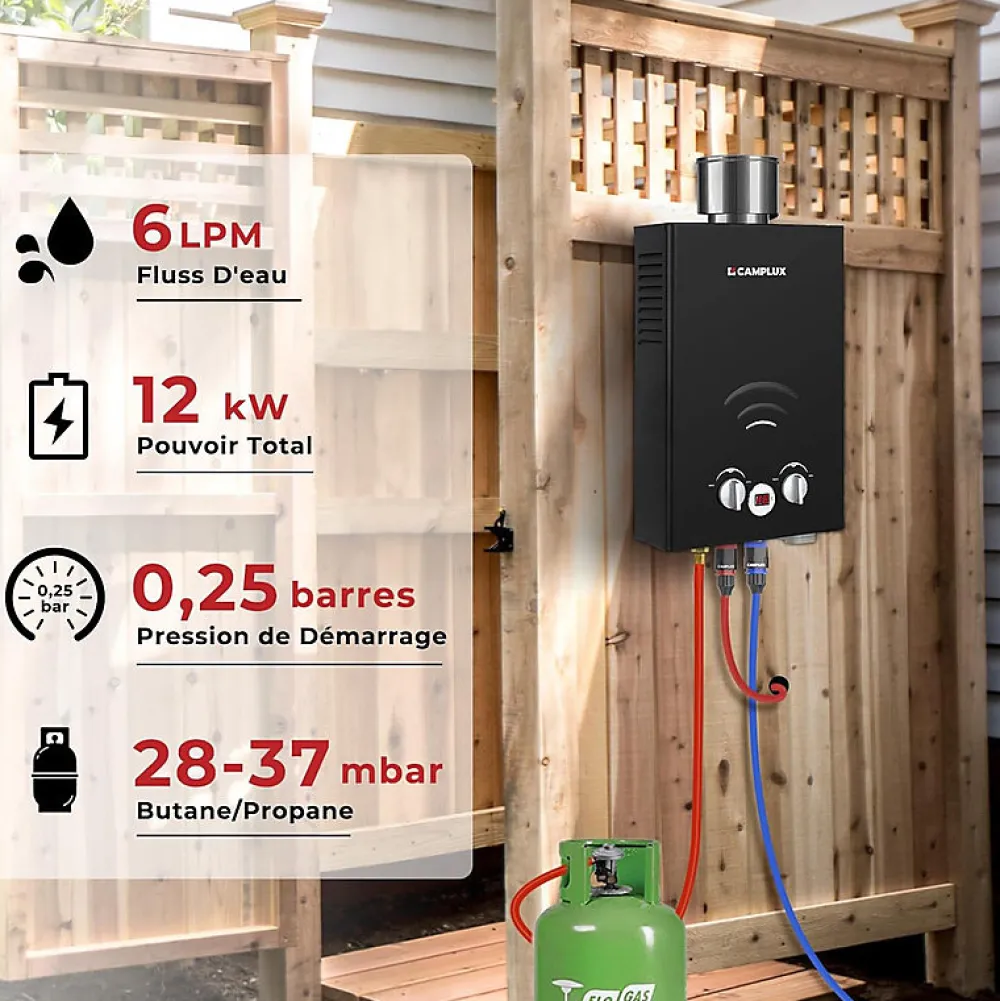 Camplux Chauffe-Eau Gaz-BW158BC Chauffe-eau instantané au propane/butane 6 l/min 30/37 mbar avec housse contre la pluie