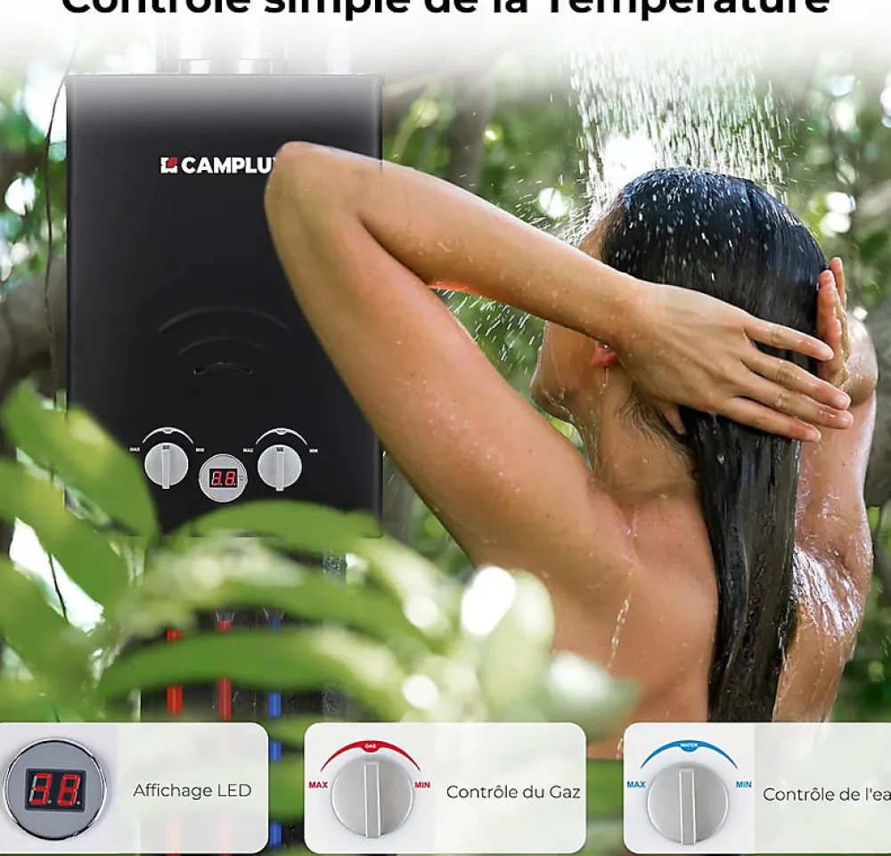 Camplux Chauffe-Eau Gaz-BW158BC Chauffe-eau instantané au propane/butane 6 l/min 30/37 mbar avec housse contre la pluie