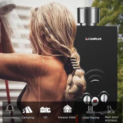 Camplux Chauffe-Eau Gaz-BW158BC Chauffe-eau instantané au propane/butane 6 l/min 30/37 mbar avec housse contre la pluie
