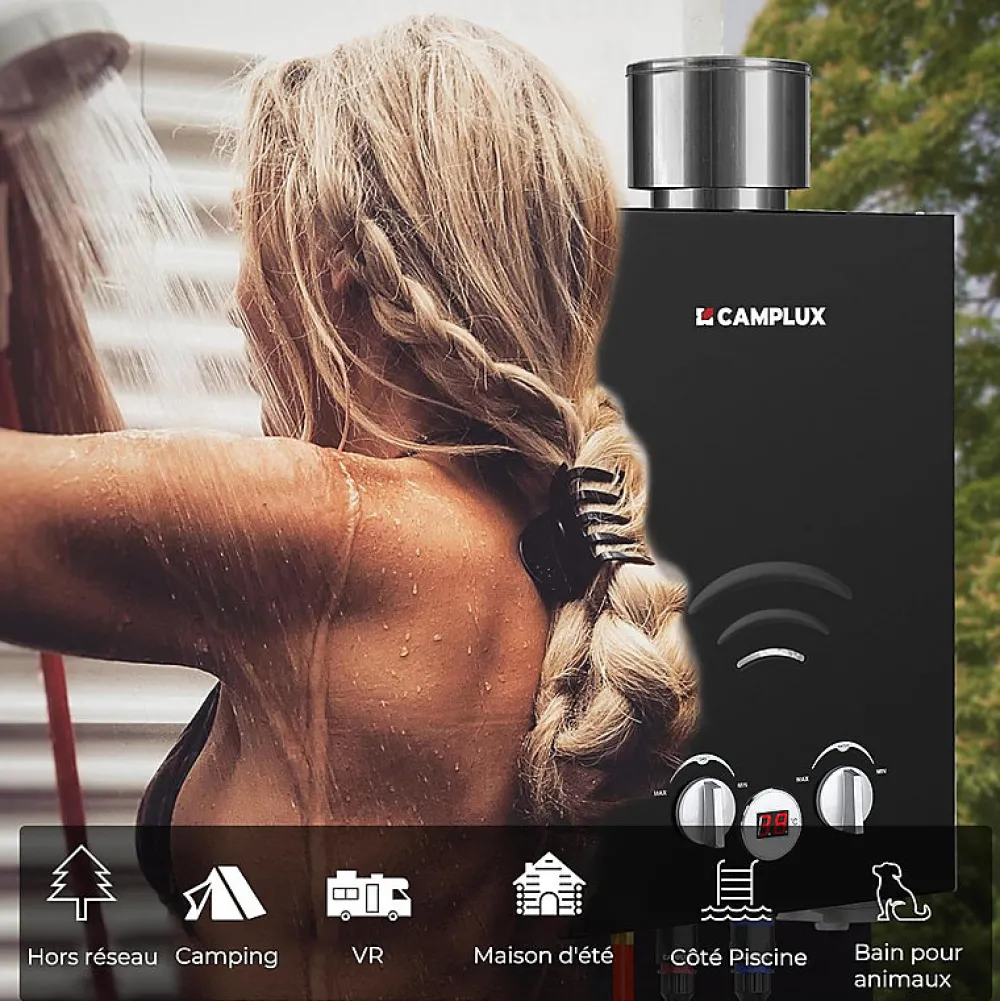 Camplux Chauffe-Eau Gaz-BW158BC Chauffe-eau instantané au propane/butane 6 l/min 30/37 mbar avec housse contre la pluie
