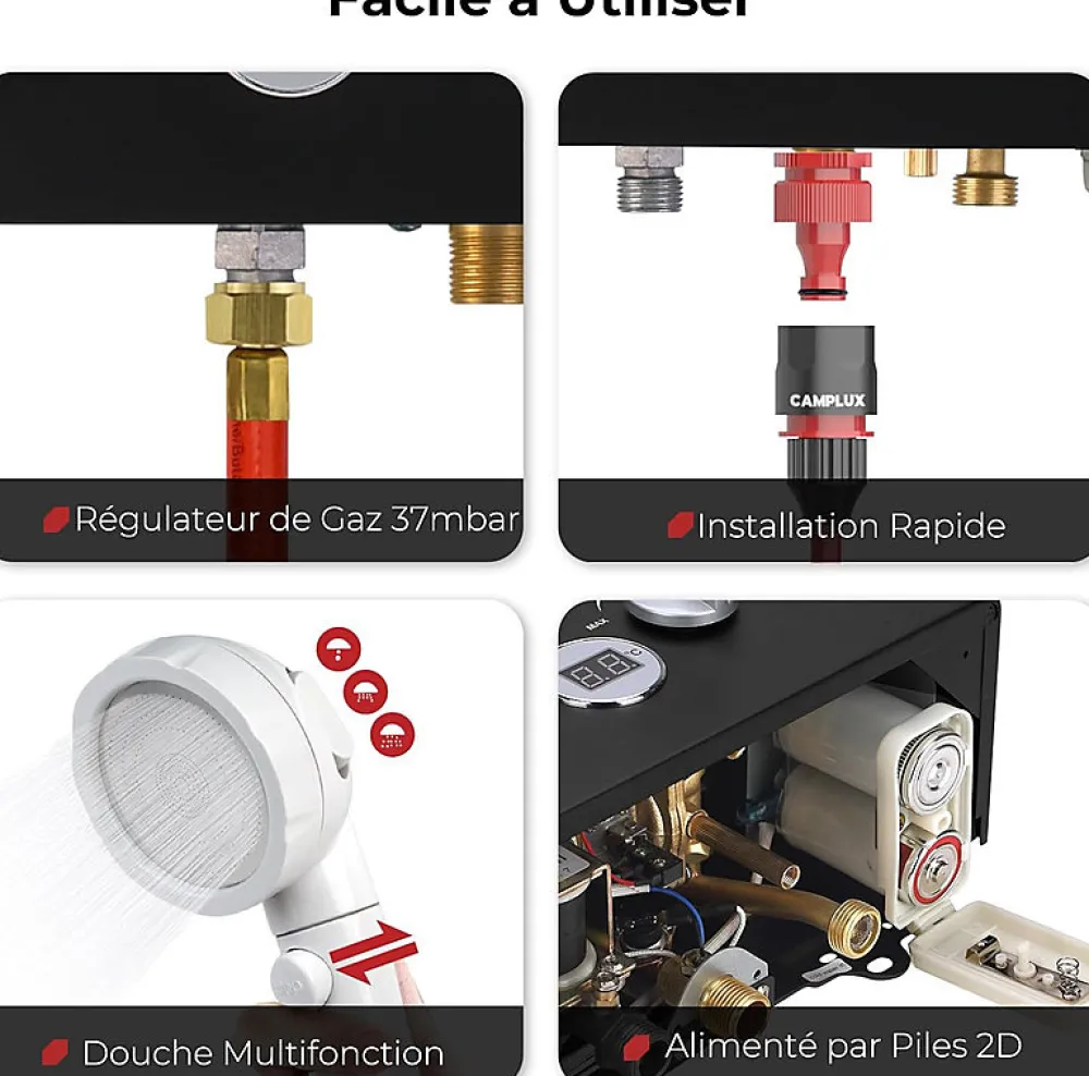 Camplux Chauffe-Eau Gaz-BW158BC Chauffe-eau instantané au propane/butane 6 l/min 30/37 mbar avec housse contre la pluie