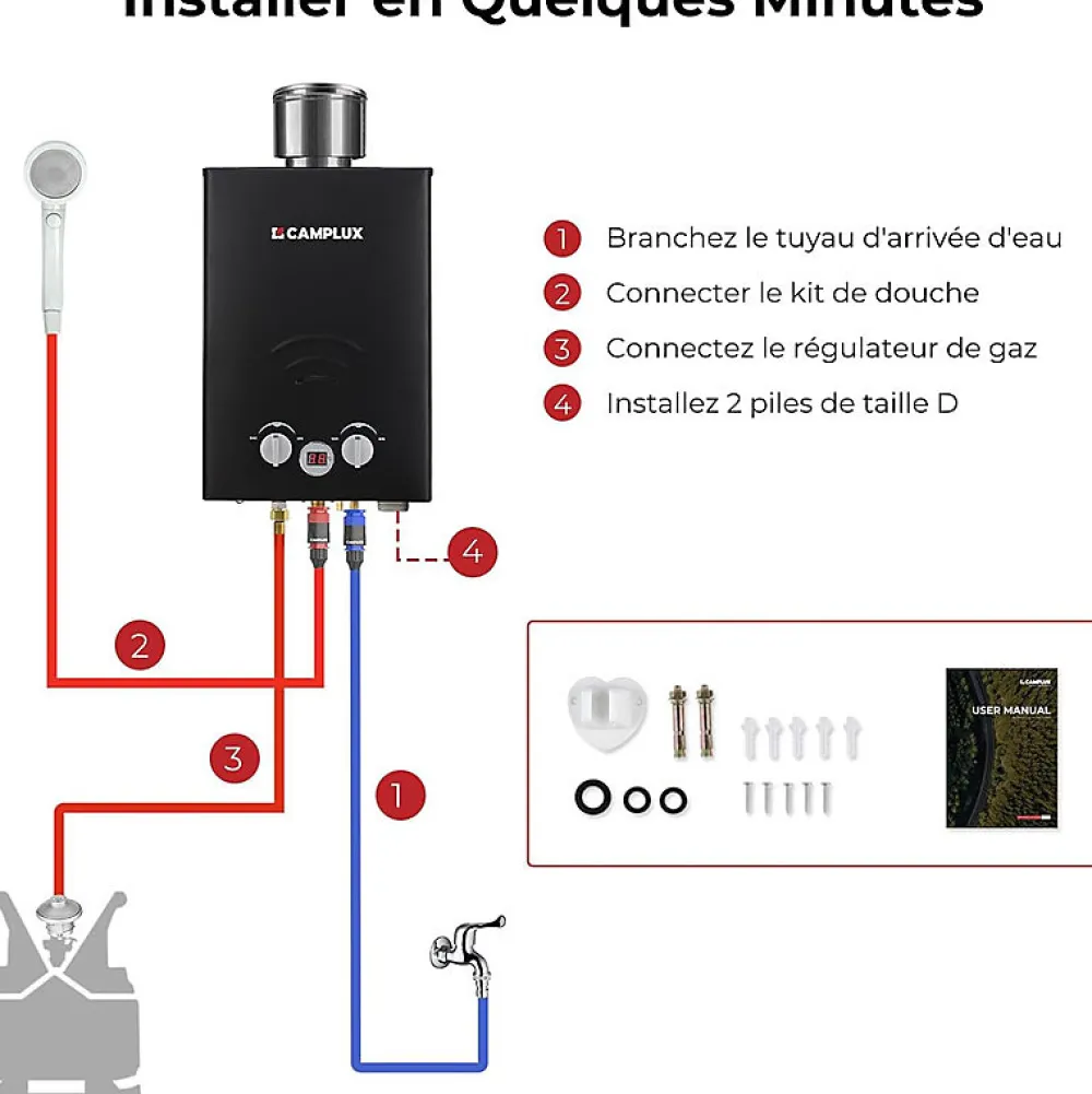 Camplux Chauffe-Eau Gaz-BW158BC Chauffe-eau instantané au propane/butane 6 l/min 30/37 mbar avec housse contre la pluie