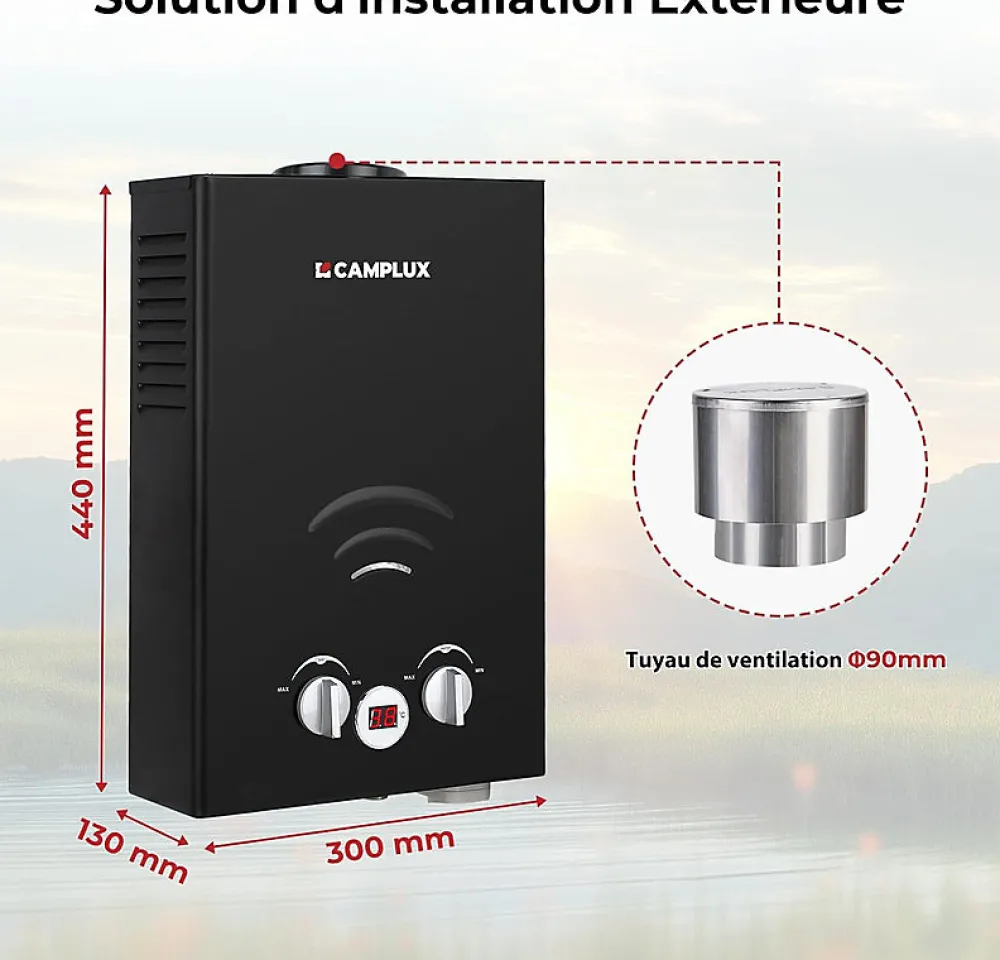 Camplux Chauffe-Eau Gaz-BW158BC Chauffe-eau instantané au propane/butane 6 l/min 30/37 mbar avec housse contre la pluie