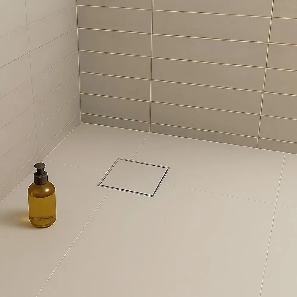 Saniverre Caniveau de douche à carreler carré CIREA 20 x 20 cm, siphon anti-odeurs, drainage 36l/min, hauteur réglable