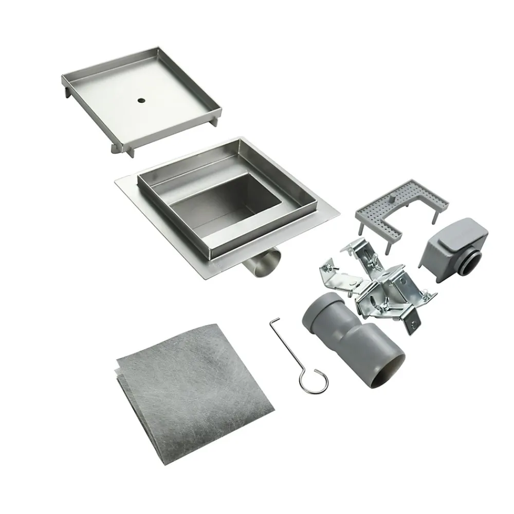 Saniverre Caniveau de douche à carreler carré CIREA 20 x 20 cm, siphon anti-odeurs, drainage 36l/min, hauteur réglable