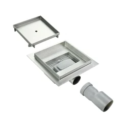 Saniverre Caniveau de douche à carreler carré CIREA 20 x 20 cm, siphon anti-odeurs, drainage 36l/min, hauteur réglable