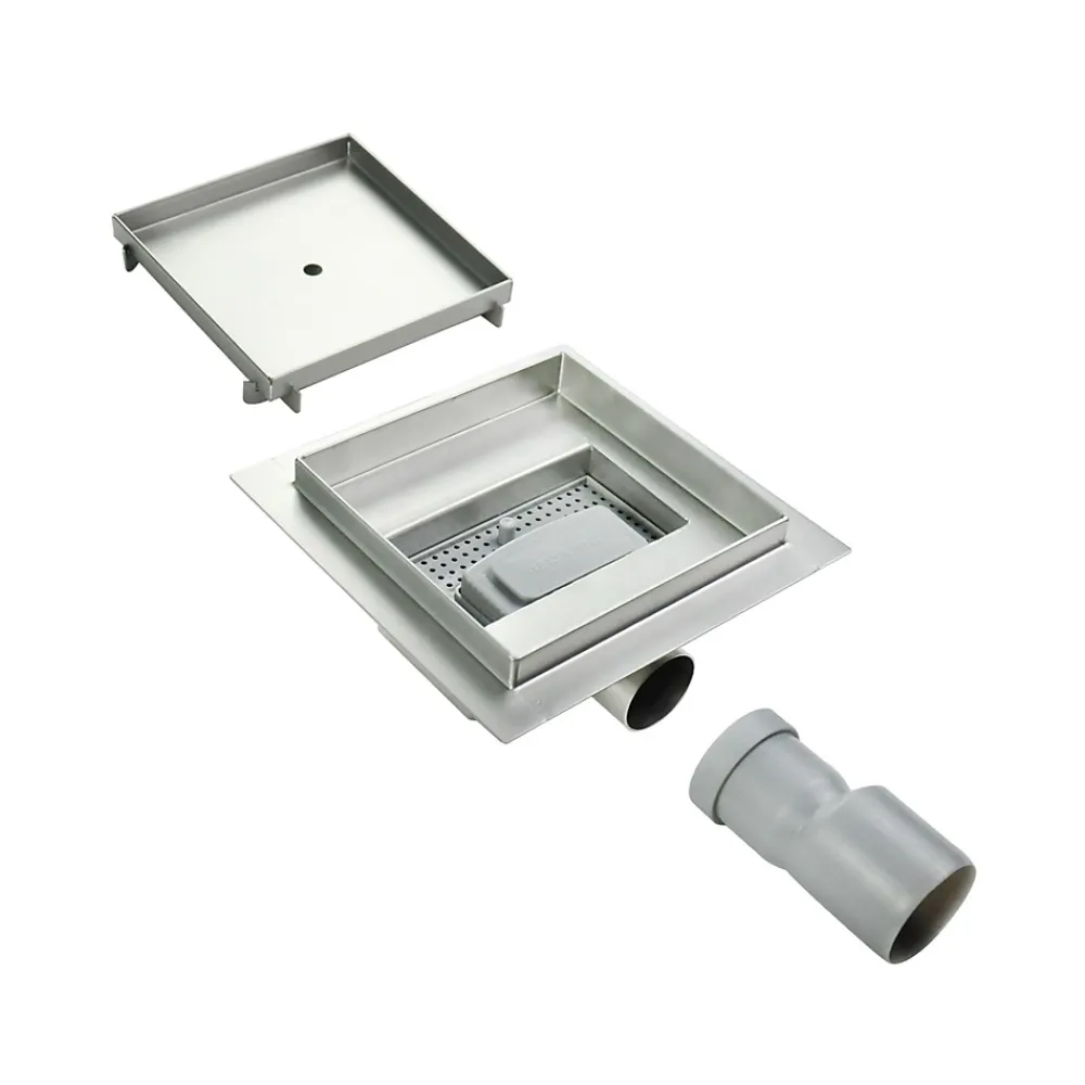 Saniverre Caniveau de douche à carreler carré CIREA 20 x 20 cm, siphon anti-odeurs, drainage 36l/min, hauteur réglable
