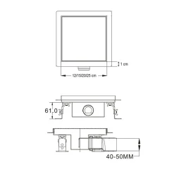 Saniverre Caniveau de douche à carreler carré CIREA 20 x 20 cm, siphon anti-odeurs, drainage 36l/min, hauteur réglable