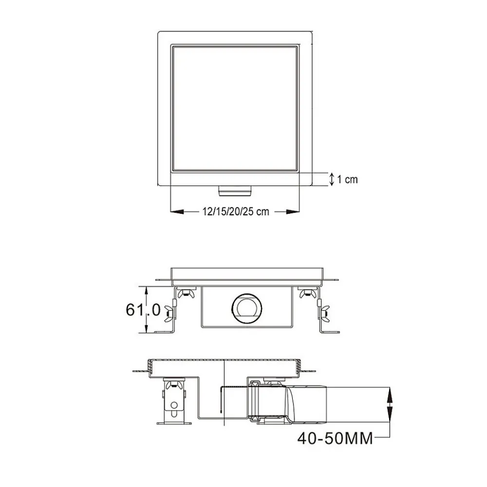 Saniverre Caniveau de douche à carreler carré CIREA 20 x 20 cm, siphon anti-odeurs, drainage 36l/min, hauteur réglable