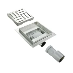 Saniverre Evacuation De Douche-Caniveau de douche carré motif quadrillé DOMEO 12 x 12 cm siphon anti-odeurs, drainage 36l/min, h. réglable