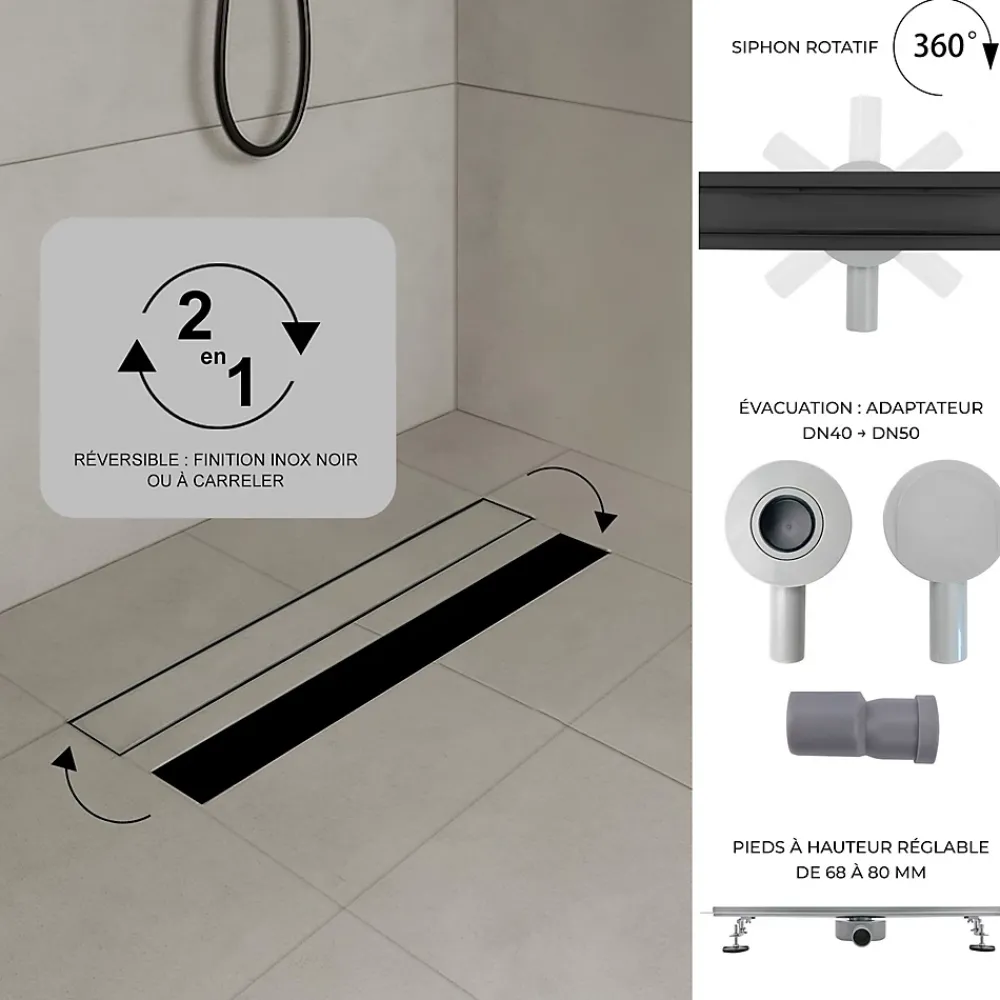 Saniverre Evacuation De Douche-Caniveau de douche 2en1 VINY L.100 cm, réversible à carreler ou inox noir + siphon 360, drainage 36l/min -