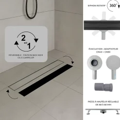 Saniverre Evacuation De Douche-Caniveau de douche 2en1 VINY L.50 cm, réversible à carreler ou inox noir + siphon 360, drainage 36l/min -