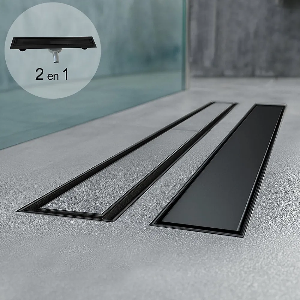 Saniverre Evacuation De Douche-Caniveau de douche 2en1 VINY L.80 cm, réversible à carreler ou inox noir + siphon 360, drainage 36l/min -