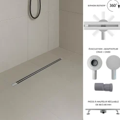 Saniverre Caniveau de douche italienne slim DEKI L.70 cm acier inoxydable avec siphon 360, drainage performant