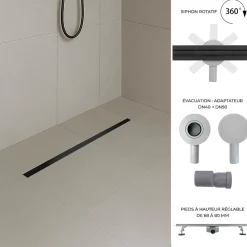 Saniverre Caniveau de douche italienne étroit noir SAMY L.50 cm siphon 360, drainage 36l/min, hauteur réglable