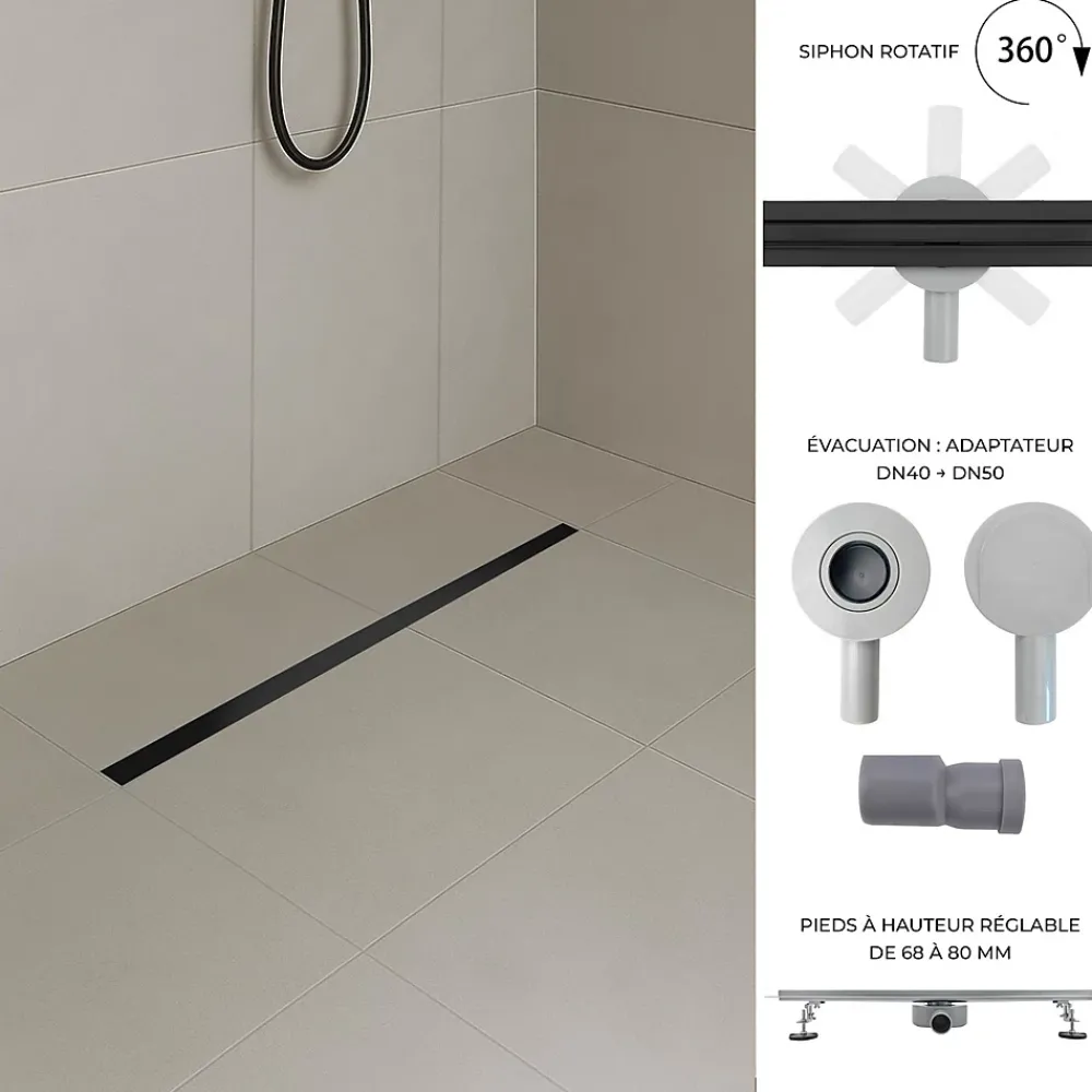 Saniverre Caniveau de douche italienne étroit noir SAMY L.50 cm siphon 360, drainage 36l/min, hauteur réglable