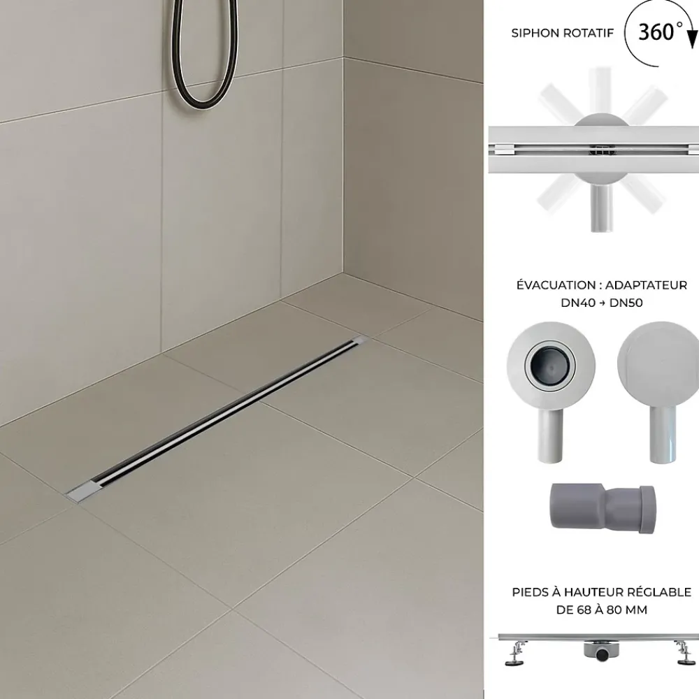 Saniverre Caniveau de douche italienne slim DEKI L.80 cm acier inoxydable avec siphon 360, drainage performant