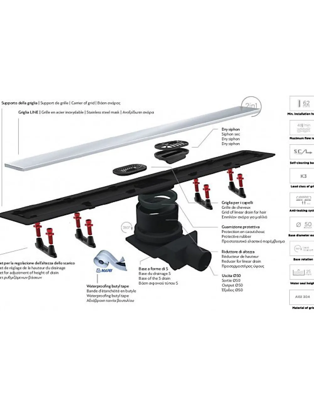 Karag Caniveau de douche sans cadre en or plaqué 24 carats FRAMELESS LINE-55 cm--