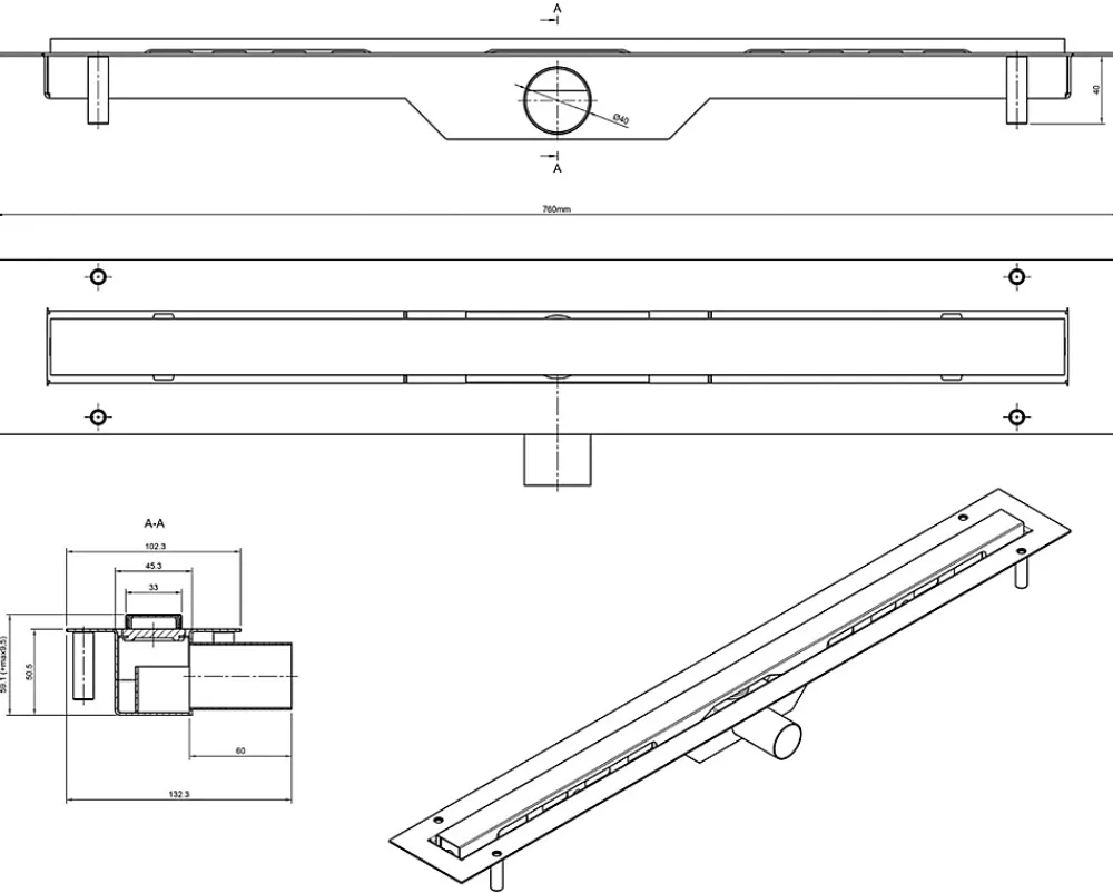 Ilcom Evacuation De Douche-Caniveau LIN pour drain de douche en acier inoxydable Or satiné - 70cm x13cmx5cm