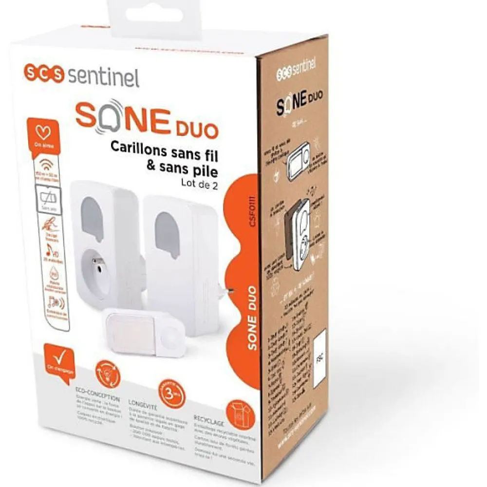 SCS Sentinel Carillons - - SONE DUO - Sans fil et sans pile - Lot de 2 - Portée 150+50 metres - Auto-alimenté