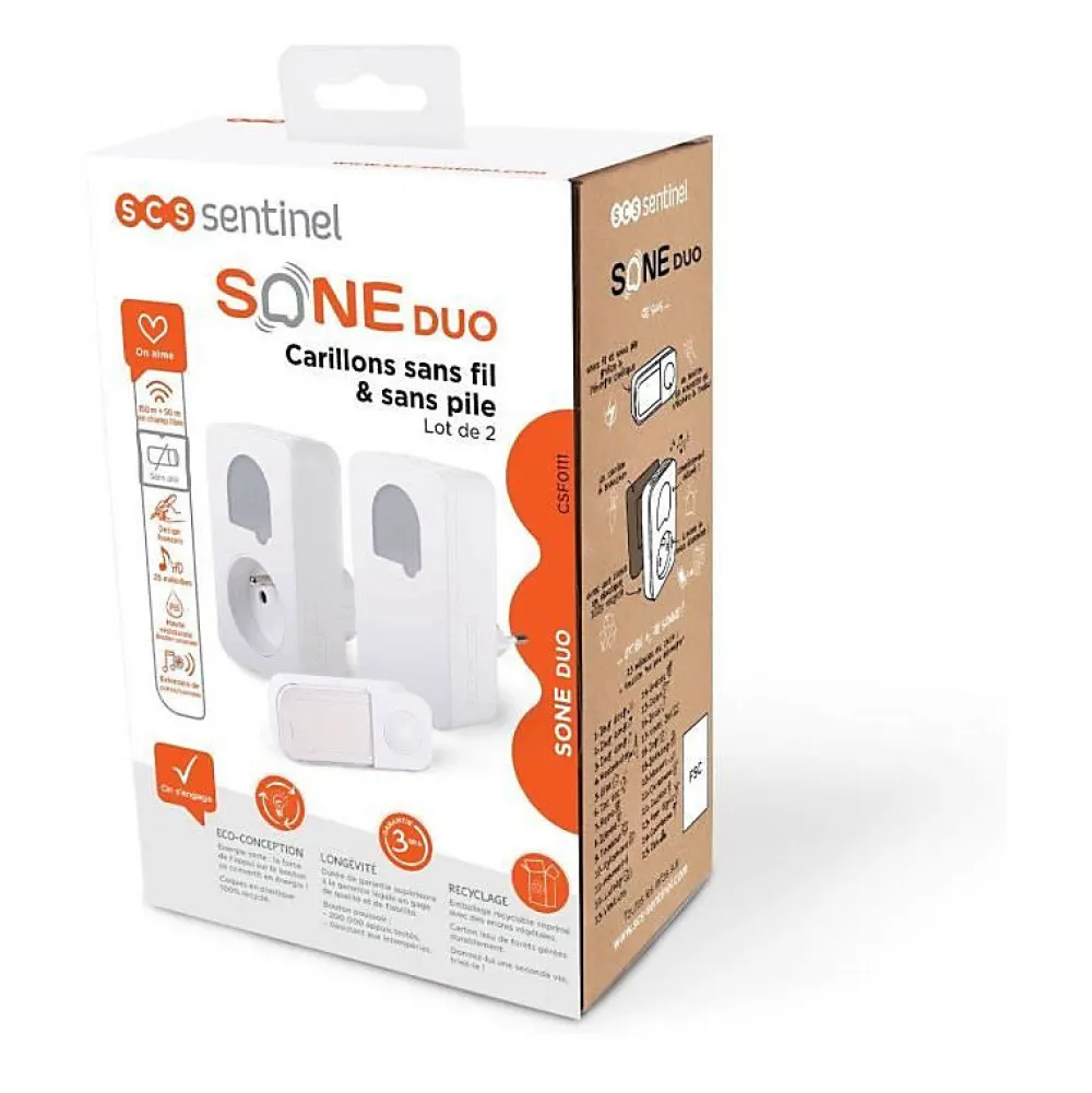 SCS Sentinel Carillons - - SONE DUO - Sans fil et sans pile - Lot de 2 - Portée 150+50 metres - Auto-alimenté