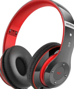 Vendos85 Casque Bluetooth sans Fil 40 Heures avec Microphone HD Intégré rouge noir