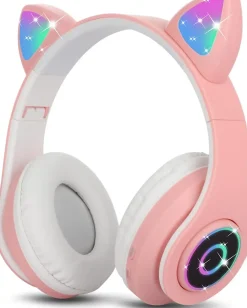 Vendos85 Enceinte, Écouteur Et Casque-Casque Bluetooth sans Fil Pliable d'oreille de Chat avec Micro intégré rose blanc