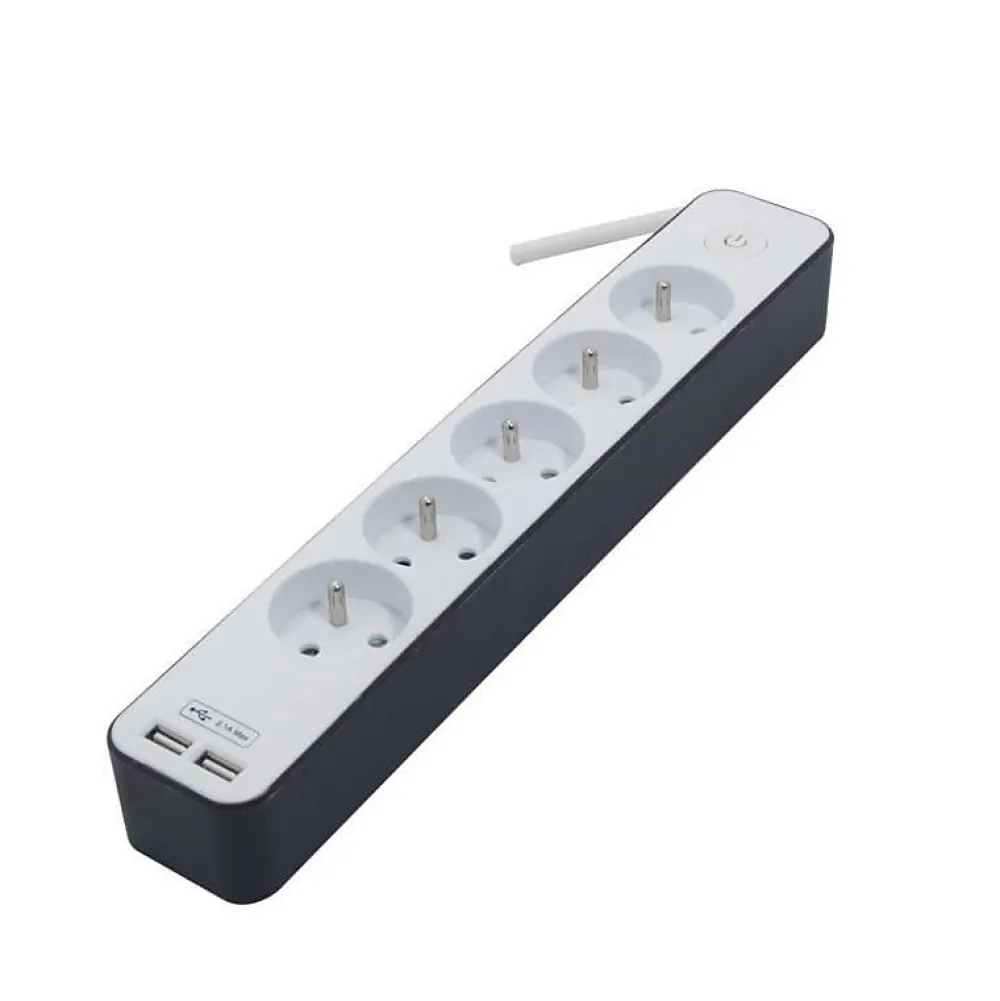 Chacon Bloc multiprise 5 prises 16 A avec 2 ports USB et cable 1,5 m HO5VV-F 3x1,5 mm2 blanc et gris