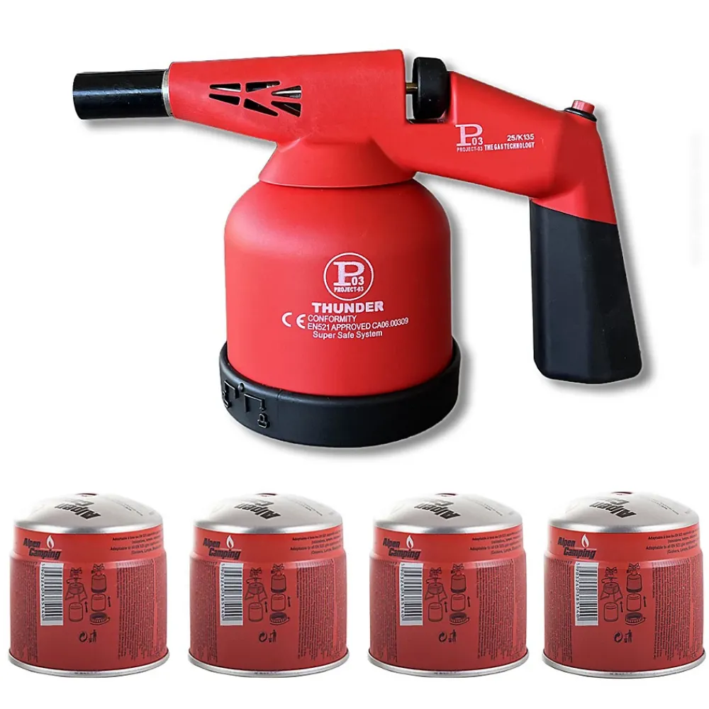 Proweltek Chalumeau gaz 1.7kW Allumage piezo + 4 Cartouches gaz