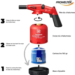 Proweltek Chalumeau gaz 1.7kW Allumage piezo + 4 Cartouches gaz