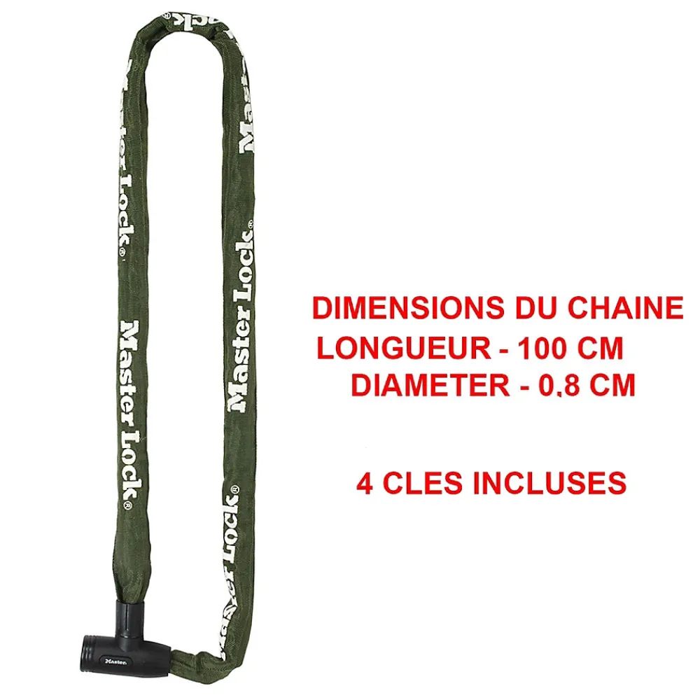 Master Lock Chaîne antivol en acier avec revêtement nylon 1 m x Ø 8 mm - Serrure à clé (4 clés)