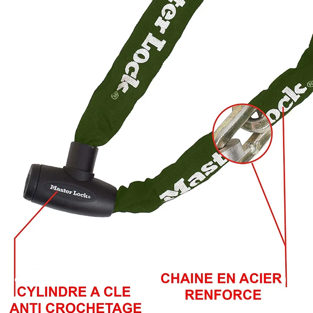 Master Lock Chaîne antivol en acier avec revêtement nylon 1 m x Ø 8 mm - Serrure à clé (4 clés)