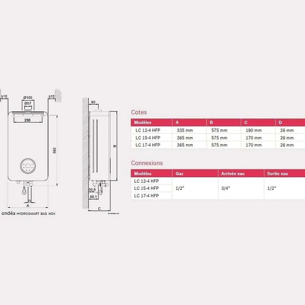 Elm Leblanc Chauffe-eau à ventouse ONDEA HYDROSMART BAS NOX - LC12-4 HFPN - Puissance 4,3 à 20,7 kW - Gaz Naturel - maxi 12 l/min