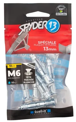 Scell-It 12 chevilles corps creux acier zingué Spyder M6 13mm + vis tête fraisée blanches
