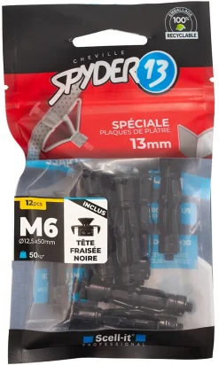 Scell-It 12 chevilles corps creux acier zingué Spyder M6 13mm + vis tête fraisée noires