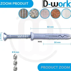 D-Work 200 Chevilles à Frapper NHS D. 8 x Lt. 60 mm avec Vis Tête Fraisée (en seau) -